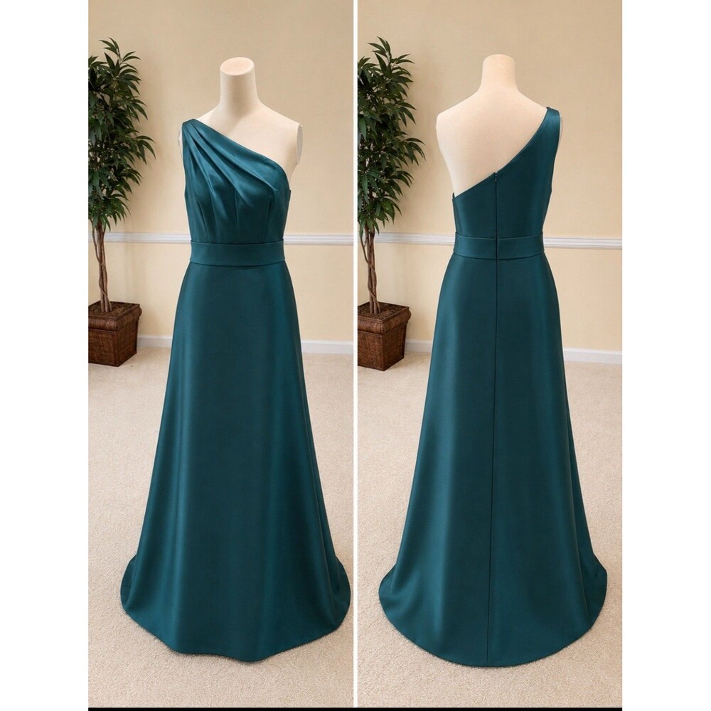 Alfred Sung D815 Draped One Shoulder Satin Gown Hunter Green Size 14